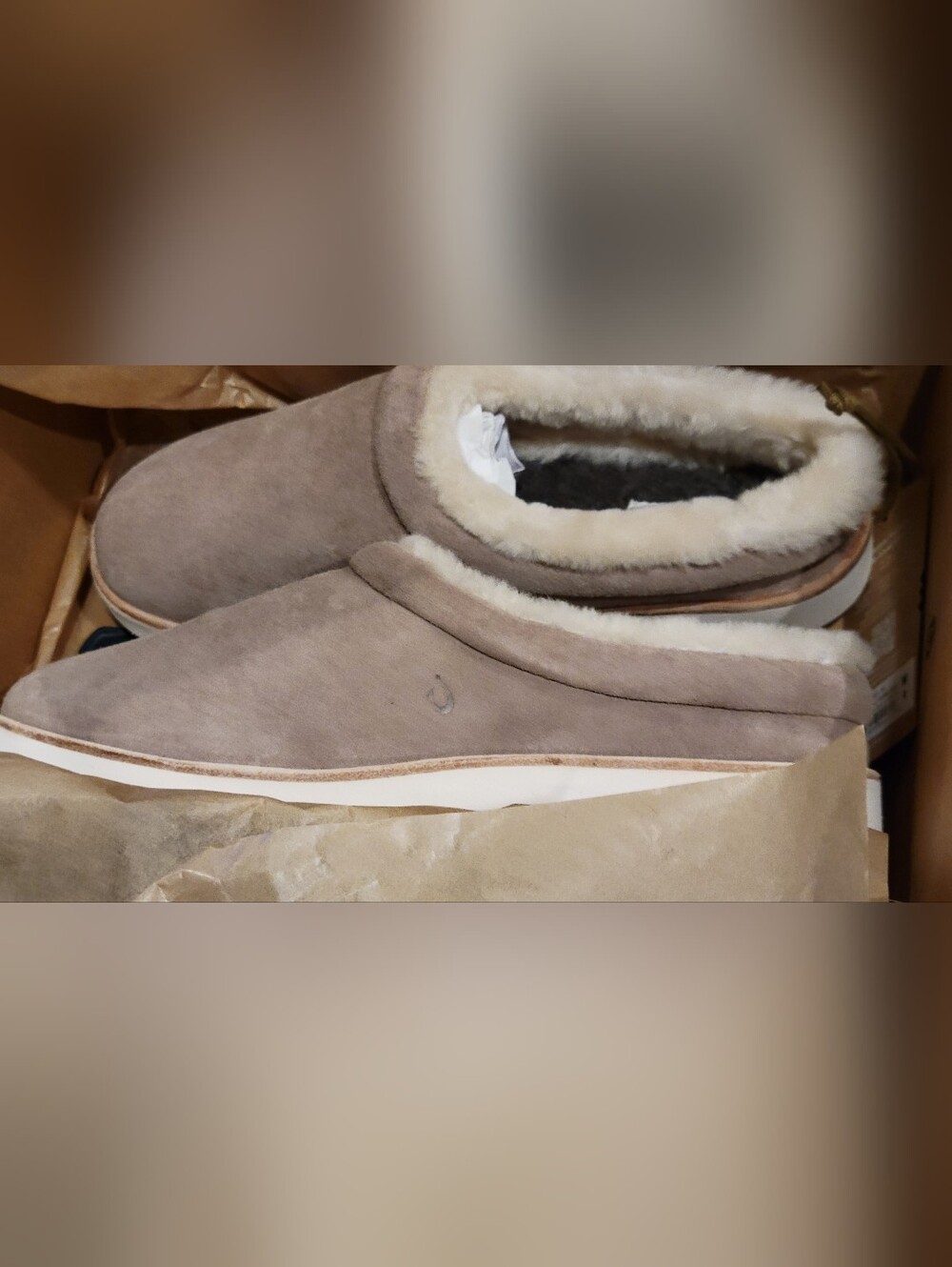OluKai Women's Taupe Suede Shearling-Lined Slip-On Loafers